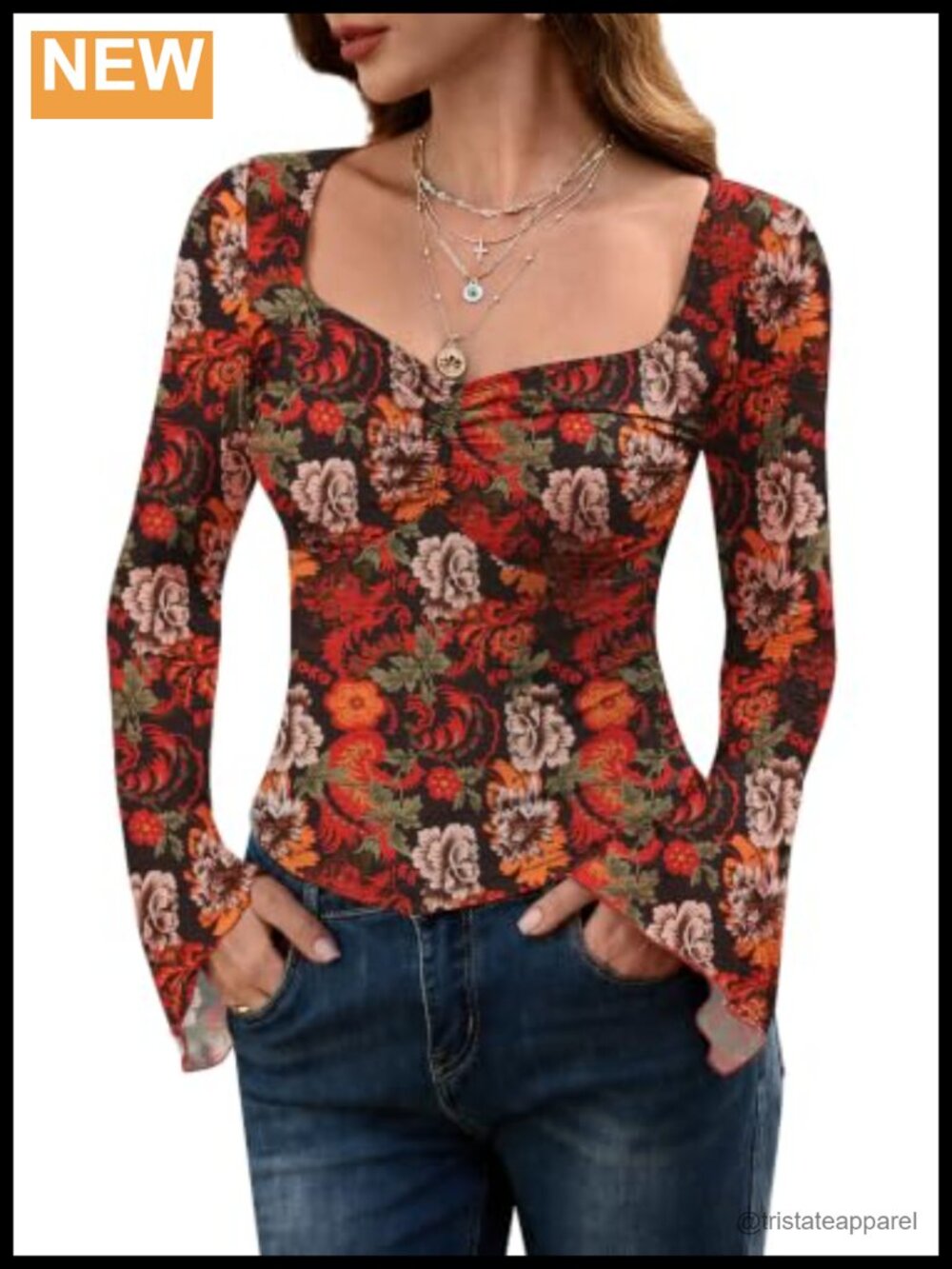 Womens 70s Hippie Boho Ruched Sweetheart Neck Bell Sleeve Sheer Mesh Top